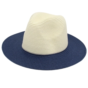 Two-tone fedora straw hat with off-white crown and navy blue brim for summer sun protection