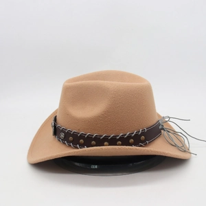Detail of light camel felt cowboy hat with leather band and metal rivet accents