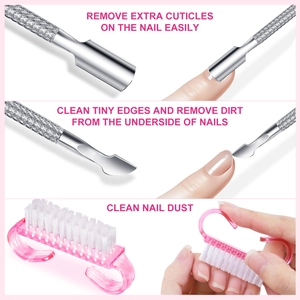 Dual-ended nail pusher and pink cleaning brush set for cuticle removal and manicures