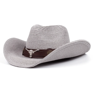 Grey linen straw cowboy hat with longhorn metal emblem and leather band for sun protection