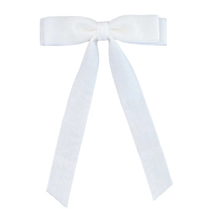 Elegant white double-layered velvet bow hair clip with long ribbons on white background
