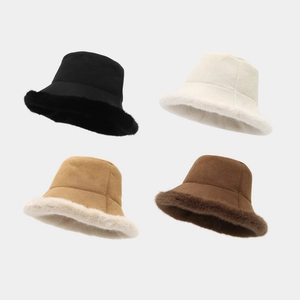 Women Winter Suede Bucket Hat With Faux Fur Trim Thickened Warm Windproof Reversible Fisherman Cap
