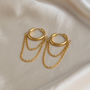 Detail of 18K gold-plated double-layer chain tassel earrings on elegant silk background