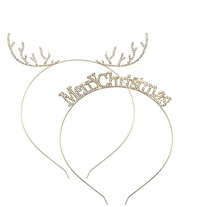 Detail of gold metal Christmas headbands with rhinestone reindeer antlers and Merry Christmas text