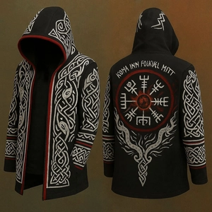 Detail of Viking compass print and Norse runes on black hooded cardigan with red lining