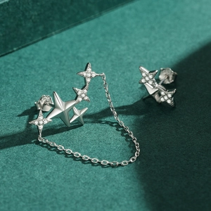 Elegant 925 sterling silver asymmetrical star stud earrings with chain tassels and crystals
