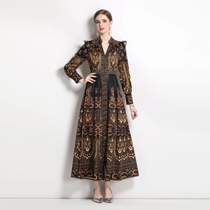 Vintage Baroque print V-neck maxi dress with lantern sleeves and button-down front