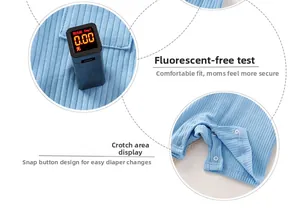 Detail of light blue baby bodysuit featuring snap button crotch and zero fluorescence test