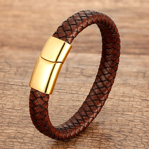 Woven Leather Rope Bracelet Stainless Steel Magnetic Clasp Retro Vintage Punk Style Braid Wristband For Men Women