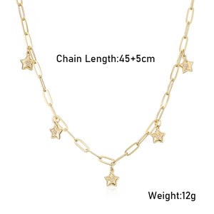 Detail of gold paperclip chain necklace with zircon star charms and dimensions