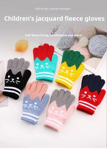 Close-up of soft thermal fleece lining and cat jacquard knit gloves for children