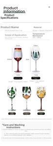Detailed view of hand-painted Christmas wine glasses with snowman and tree patterns