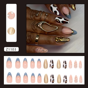 Blaue French Press-on Nails mit goldenen Wellen und Strass-Akzenten, 24er Set