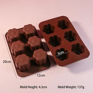 6-cavity flower silicone mold for cake and desserts in chocolate brown, 20x12x4.3cm