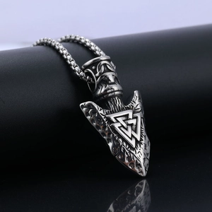 Viking Valknut triangle pendant necklace in vintage silver finish with runic patterns