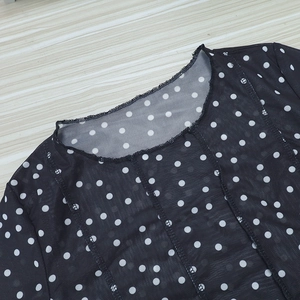 Detailed macro view of black mesh fabric with white polka dots and round neckline