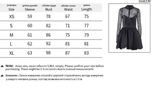 Detailed size guide table for slim fit bubble hem mesh dress including XS to XL measurements