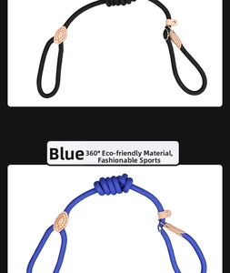 Detail of durable braided dog leash with reinforced leather stitching in blue and black
