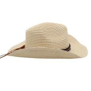 Detail of straw cowboy hat featuring a brown faux leather band and fringe tassels