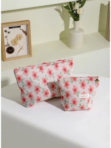 Floral knit makeup bag set including large and small pouches with orange and pink patterns