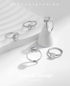 Detailed display of five S925 silver rings with various cubic zirconia stone cuts