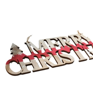 Wooden Merry Christmas hanging sign with red lettering and snowflake patterns for decor
