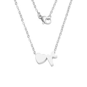 Detailed view of polished stainless steel heart pendant and small letter r necklace