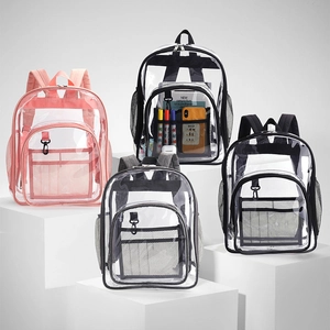 Detail view of pink, black, and gray waterproof PVC backpacks with mesh side pockets