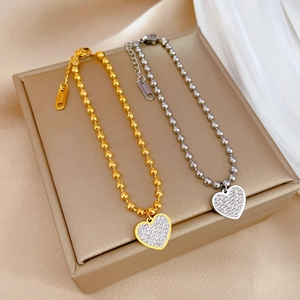 Heart Pendant Bracelet Stainless Steel Zircon Bead Chain Minimalist Retro Jewelry For Women