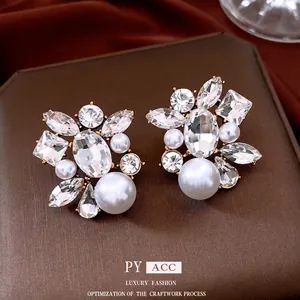 Vintage floral cluster drop earrings with crystal rhinestones and pearls on leather