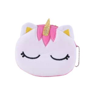 Cute plush unicorn coin purse with golden spiral horn and pink details for children
