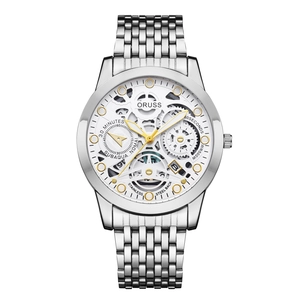 Detail view of ORUSS hollow mechanical watch with silver stainless steel strap and WR500M