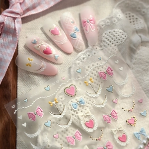 Autocollants Ongles Relief 5D Motif Cœur Nœud Dentelle Auto-adhésifs Décalcomanies Manucure Style Doux Kawaii