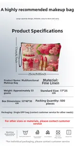 Detailed size chart showing 17x25cm dimensions for the festive linen cosmetic bag