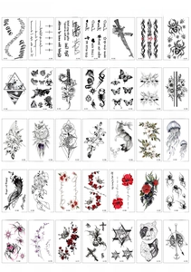 Matrix display of 35 different waterproof tattoo stickers with floral and animal designs