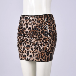Detailed view of leopard print sequin mini skirt with stylish front knot design