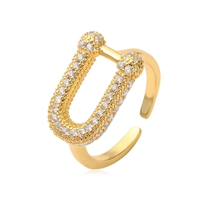 Adjustable 18K gold plated U-link open ring featuring sparkling white cubic zirconia