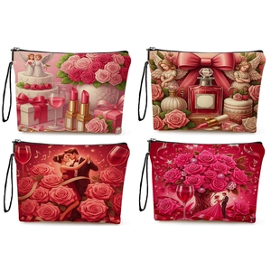 Romantic Valentine Rose Printed Cosmetic Bag Linen Zipper Makeup Pouch Travel Toiletry Storage Organizer Handheld Handbag