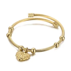 Stainless Steel Heart Pendant Cable Bracelet Twisted Wire Open Cuff With Beads Fashion Jewelry For Women Elegant