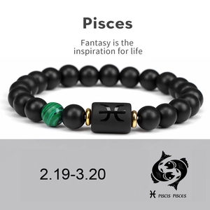 Pisces 12 zodiac bracelet with natural matte black beads and green agate stone