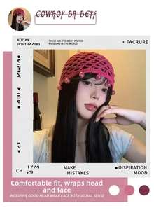 Detail showing pink handmade crochet hollow knit hat with beads in bohemian style