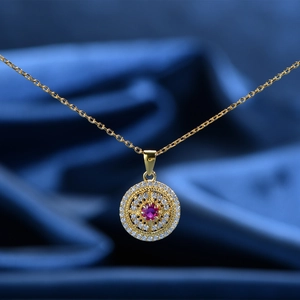 Exquisite 925 sterling silver gold plated necklace with ruby and diamond hollow pendant