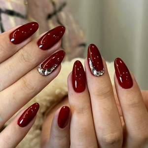 Wine Red Glossy Almond Press On Nails With Rhinestones And Artificial Pearls For Women Vintage Elegant Artificial Finger Nails