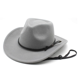 Detail of gray wool felt cowboy hat with black braided band and adjustable wind rope