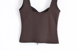 Close-up of dark brown knit tank top featuring a silver back zipper detail for women