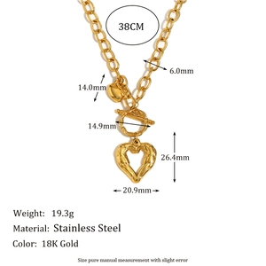 18K gold plated stainless steel chunky chain necklace with heart pendant and toggle clasp