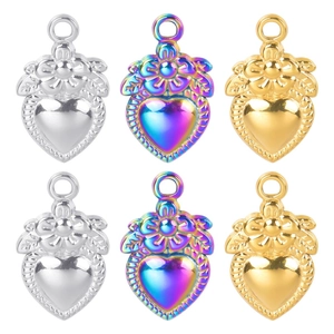 Stainless Steel Heart Flower Pendant Necklace Vintage Embossed Floral Pendant 18K Gold Plated Heart Necklace Jewelry For Women
