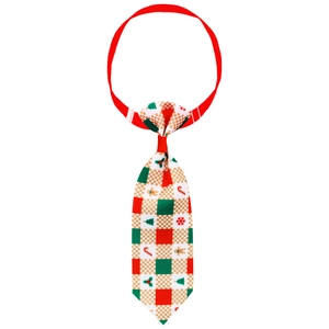 Detail of Christmas pet tie with plaid patterns, snowflakes and adjustable red strap