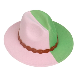 Detail shot of a two-tone wool fedora with pink and green gradient and woven band