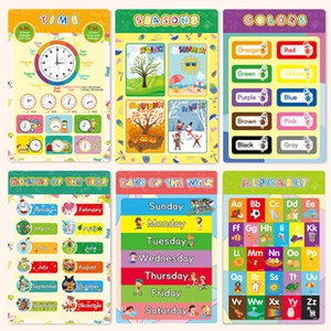 Detailed set of six English educational posters with colorful cartoon designs for kids
